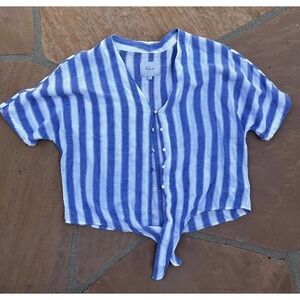 Rails- Women's Small Blue & White Short Sleeve V Neck Button Ties at Waist Top